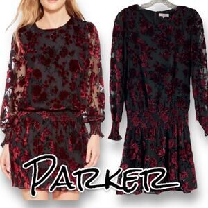 Parker Carmindy Floral Velvet Burnout Dress Black Red Womens Size Small